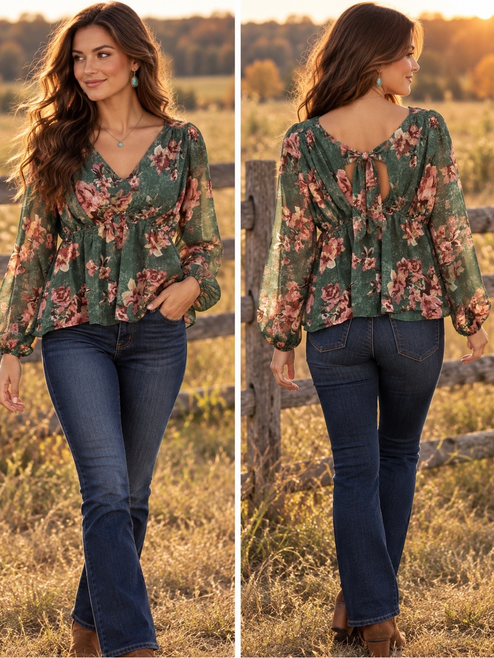 Promesa Green Floral Peplum Blouse Size M Boho Western Romantic NWT
